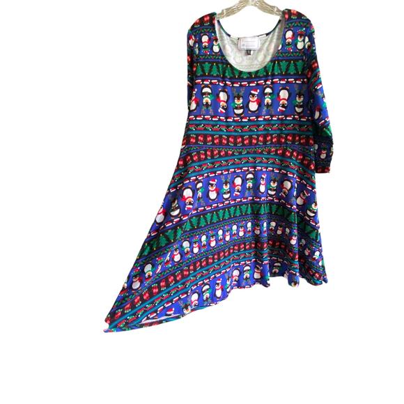 PENGUINS Print Dress 3X Stretchy Holly Mittens Christmas Trees Colorful Holiday - Picture 3 of 11